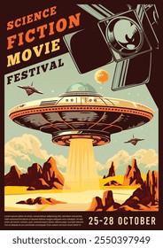 Un cartel vibrante que promueve un festival de cine de ciencia ficción que muestra un platillo volador sobre paisajes desérticos con planetas y un conjunto de cámaras