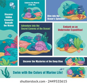 A vibrant poster series of ocean life in vector format, excellent for educational and environmental use.