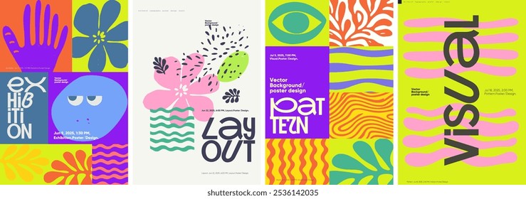 Vibrant poster set featuring creative typography and abstract elements. Includes retro-inspired graphics, minimalist layouts, and modern vector illustrations in a trendy style.