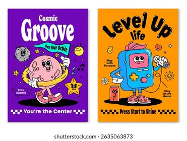 Vibrant poster set featuring a funky game controller and a groovy planet with a flag. A playful tribute to dreaming big and leveling up life. Perfect for retro art lovers. Vector illustration