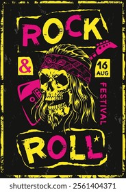 A vibrant poster showcases a skull wearing a headband with a guitar promoting a rock festival on August 16. The design features bold colors and conveys energy and excitement for the event.