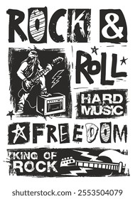 A vibrant poster showcasing the energy of rock and roll culture. It features a guitar player bold graphics and words like freedom and hard music celebrating the spirit of rock.