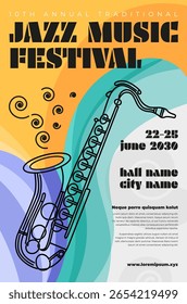 Modelo de cartaz vibrante para o Festival de Música de Jazz Tradicional com saxofone, apresentando música, celebração e unidade cultural através de visuais artísticos. Ilustração vetorial.