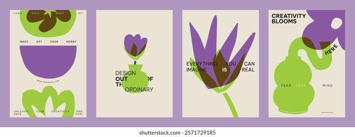 Vibrant posters with abstract floral designs in purple and green. Creative text overlays. Bold, modern art with flowers. Eye-catching, colorful graphics. Creative floral poster template vector set.