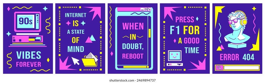 Vibrant posters with desktop user interface, window boxes and folders. Retro playful computer aesthetic templates with quotes about 90's technology, copy space and fun nostalgia pc elements