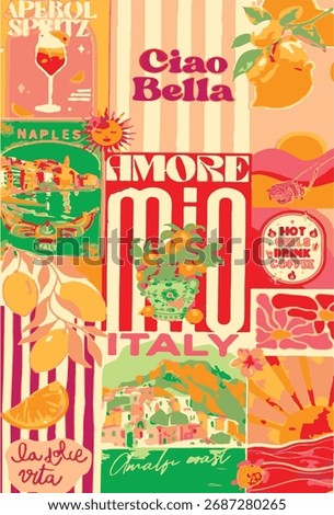 vibrant posters with Italian text Amore Mio, Ciao, Dolce Vita. Vector hand-drawn frames, checkered background, ideal for fashion graphics, t-shirt prints, posters, and cards.
