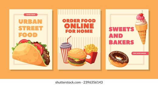 Vibrant Posters Showcase Delectable Fast Food. Juicy Burger, Crispy Fries, Taco, Donut And Refreshing Drinks