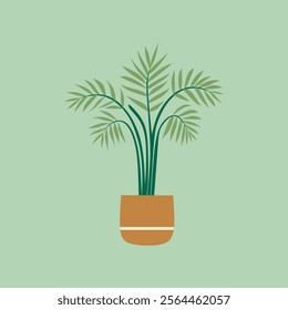 Vibrant potted palm plant illustration against a soft green background.