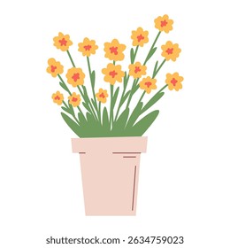 Vibrant potted yellow flowers with green leaves. Simple, cute, and modern flat vector design.Hand drawn illustration, perfect for spring, home decor, sticker or cheerful botanical themes.