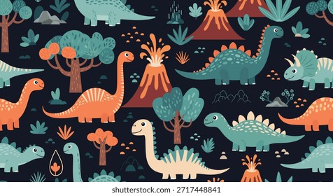 Vibrante patrón prehistórico para los niños con varios dinosaurios en un paisaje con volcanes activos y exuberantes árboles verdes.