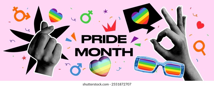 The Vibrant Pride Month poster is on a pink background with colorful LGBT elements and retro halftone hands, including rainbow hearts, gender symbols, and confetti. Social media post template. Collage