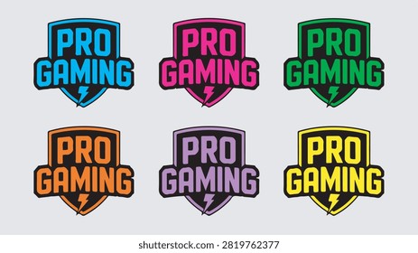 Vibrant pro gaming shield vector logo designs featuring bold typography and bright lightning bolt icons for modern esport team branding