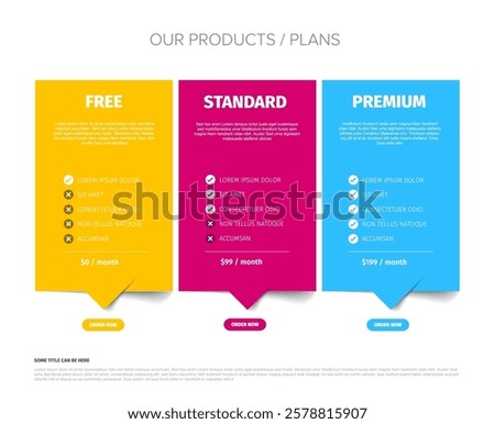 A vibrant product plan comparison chart template displays three options: Free, Standard, and Premium. Each plan highlights features and monthly pricing in a colorful, easy-to-read format.