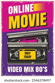 A vibrant promotional graphic advertising an online movie event focused on 80s video mixes. The event is for today only showcasing nostalgic content from the decade.