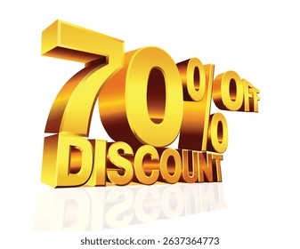 A vibrant promotional graphic featuring bold, golden 3D text announcing a 70% discount. Set against a white background