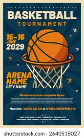 Vibrant promotional poster for basketball tournament featuring energetic basketball and bold colors, designed to attract sports fans and participants with its dynamic layout. Vector illustration.