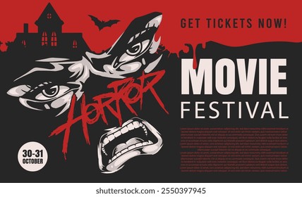 A vibrant promotional poster for a horror movie festival. The design features chilling graphics like a haunted house and haunting eyes.