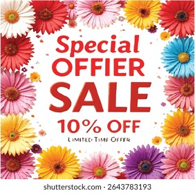Um vibrante banner promocional de venda de primavera com flores coloridas, como margaridas e gerberas ao redor das bordas. O design inclui um fundo gradiente amarelo-laranja alegre e texto central