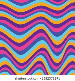 Vibrant psychedelic abstract background with colorful wavy curves in pink, blue, purple, and yellow. Dynamic optical illusion pattern with retro and futuristic aesthetics