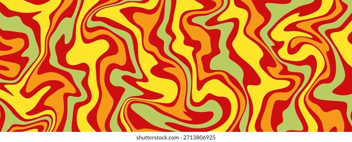 Ein lebendiger psychedelischer abstrakter Hintergrund mit wirbelnden flüssigen Formen in warmen Farben, ideal für groovige Retro-Designs