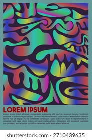 Poster abstrato psicodélico vibrante: Formas orgânicas fluindo sem emenda com um gradiente de cor holográfico brilhante em um fundo escuro, perfeito para folhetos e capas de eventos futuristas ou retro-temáticos