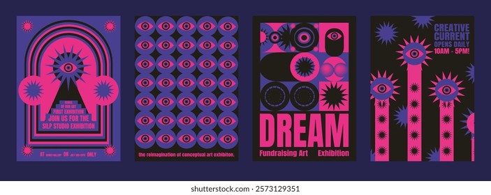 Vibrant psychedelic art exhibition posters with bold colors, featuring abstract eye designs. Creative, eye-catching. Psychedelic retro poster template vectors.