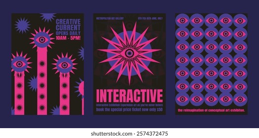 Vibrant psychedelic art exhibition posters with eye motifs. Bold pink and blue colors. Interactive and conceptual art. Eye-catching design. Psychedelic retro poster template vectors.