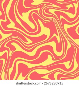 Um fundo psicodélico vibrante com um padrão fluido e deformado de linhas amarelas em espiral sobre um fundo vermelho-coral brilhante.
