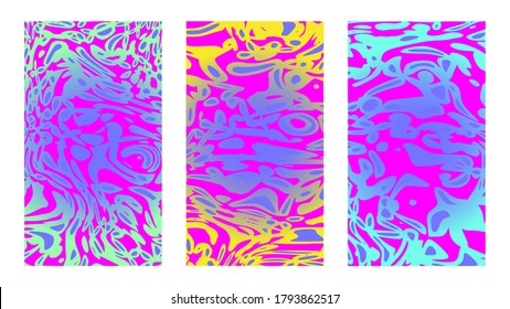 Vibrant psychedelic backgrounds set for posters and cover designs. Dynamical rippled surface, illusion, curvature. Abstract artistic fluid vector templates