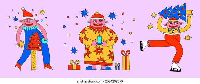 Vibrant Psychedelic Character Celebrates Christmas - Drags A Christmas Tree, Dances At The Carnival, Lights A Candle.Quirky Winter Party.Crazy New Year.Bizarre Funky Freak In 80s And 70s Style.