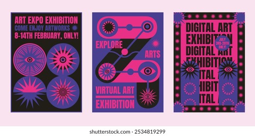 Vibrant psychedelic digital art exhibition posters in bold pink and blue. Virtual art, and digital art themes. Eye-catching, modern design. Psychedelic retro poster template vectors.