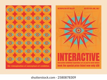 Vibrant psychedelic exhibition poster with bold patterns and eye motifs. Bright colors, eye-catching design. Conceptual art, bold visuals. Psychedelic retro poster template vectors.