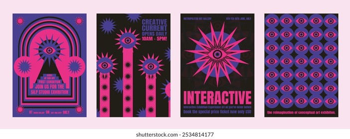 Vibrant psychedelic exhibition posters with bold pink and purple designs. Eye motifs and geometric patterns, conceptual art. Psychedelic retro poster template vectors.