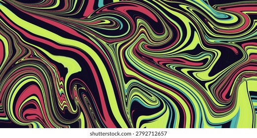 Vibrant psychedelic fluid marble composition with neon lime, magenta, cyan, and deep black flowing throughout the design.