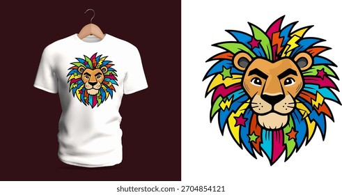 Vibrant Psychedelic Lion Head Vector Illustration with Multicolor Neon Mane and Expressive Cartoon Style – Energetic Pop-Art Inspired Artwork Perfect for Trendy T-Shirt Prints, Festival Fashion,