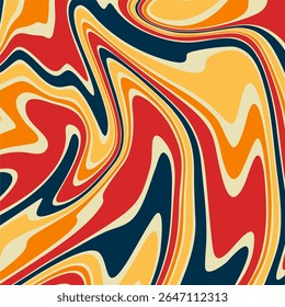 A vibrant and psychedelic liquid marble background with a retro feel. Swirling waves of red, orange, yellow, and dark blue.