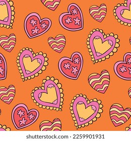 Vibrant psychedelic retro vibe 70s pattern with romantic hearts. Decorative colorful vintage pattern and wallpaper for Valentine's day 