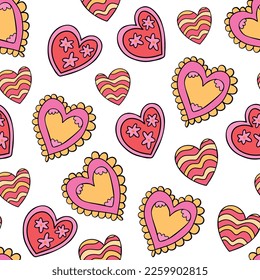 Vibrant psychedelic retro vibe 70s pattern with romantic hearts. Decorative Valentine's day vintage pattern, wallpaper and background