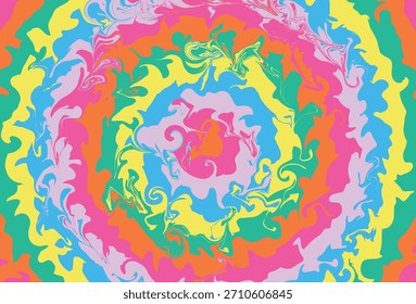 Padrão vibrante de espiral psicodélico com ondas abstratas coloridas e texturas líquidas em um design circular hipnótico.