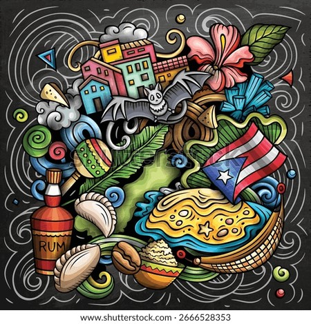 Vibrant Puerto Rican vector with urban charm, sandy beach, iconic flag, hibiscus, and sea breeze. Perfect for travel brochures, cultural guides, and Caribbean promotions. Hand-drawn, not AI