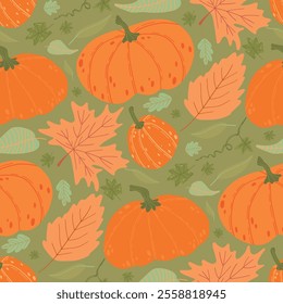 Vibrant pumpkin and leaf pattern with orange and green tones, celebrating harvest and autumn with a seamless festive design for seasonal projects.