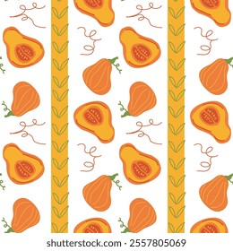 Vibrant pumpkin pattern with whimsical autumn designs and vertical borders.