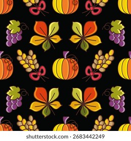 Calabazas vibrantes, uvas y Elementos de follaje sobre un fondo negro profundo crean un patrón de otoño dramático y sin fisuras. Ideal para tela elegante o diseño digital.
