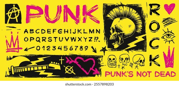 Vibrant punk rock artwork showcases iconic symbols like a skull guitar and crown against a bright background. This design reflects the energy and rebellious spirit of punk culture.