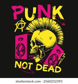 A vibrant punk-themed graphic showcases a skull with a mohawk surrounded by speakers and bold lettering. The colors highlight the rebellious spirit of punk culture in a creative design.