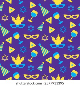 Vibrant Purim seamless pattern with masks, wine glasses, party hats, Star of David symbols, and hamantaschen triangles in yellow and blue on purple background. Vector Jewish holiday illustration