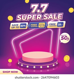 Banner de super venda 7.7 roxo vibrante com pódio de luz neon, moedas de ouro flutuante, distintivos de desconto e tipografia arrojada. Perfeito para campanhas de e-commerce e promoções especiais.