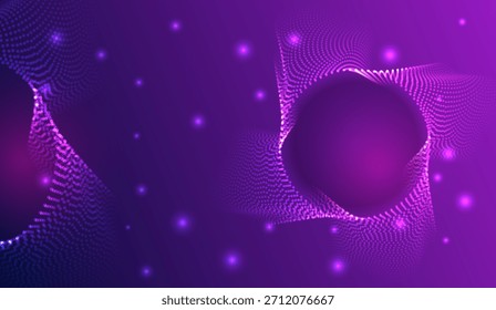 Un fondo abstracto púrpura vibrante con partículas brillantes y ondas punteadas suaves que forman una forma de círculo dinámico crea una atmósfera digital futurista y energética.