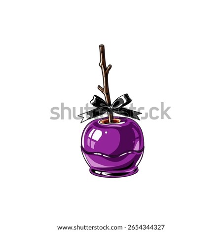 A vibrant purple apple adorned with a black bow and a wooden stick, perfect for festive decoration or as a sweet party favor. Ideal for any creative project.