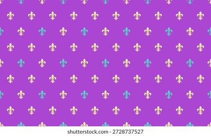Fondo púrpura vibrante adornado con un patrón repetitivo de fleurdelis pastel.  Elegante, sofisticado y versátil para Anuncios de Sitio web, redes sociales o proyectos impresos.